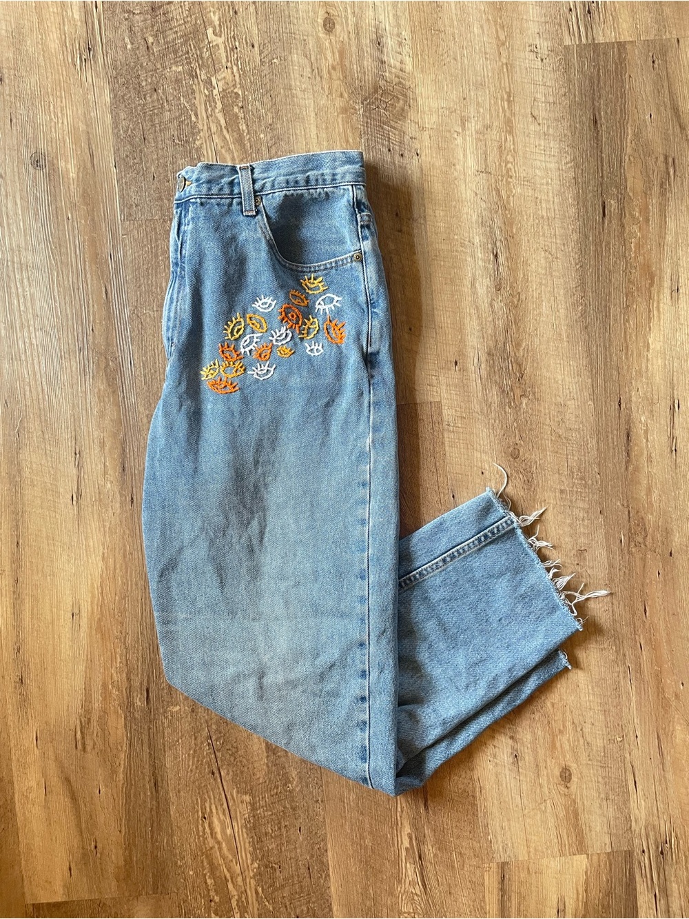 Vintage Eddie Bauer Light Wash Embroidered Denim Boyfriend Jeans Size 16 Tall